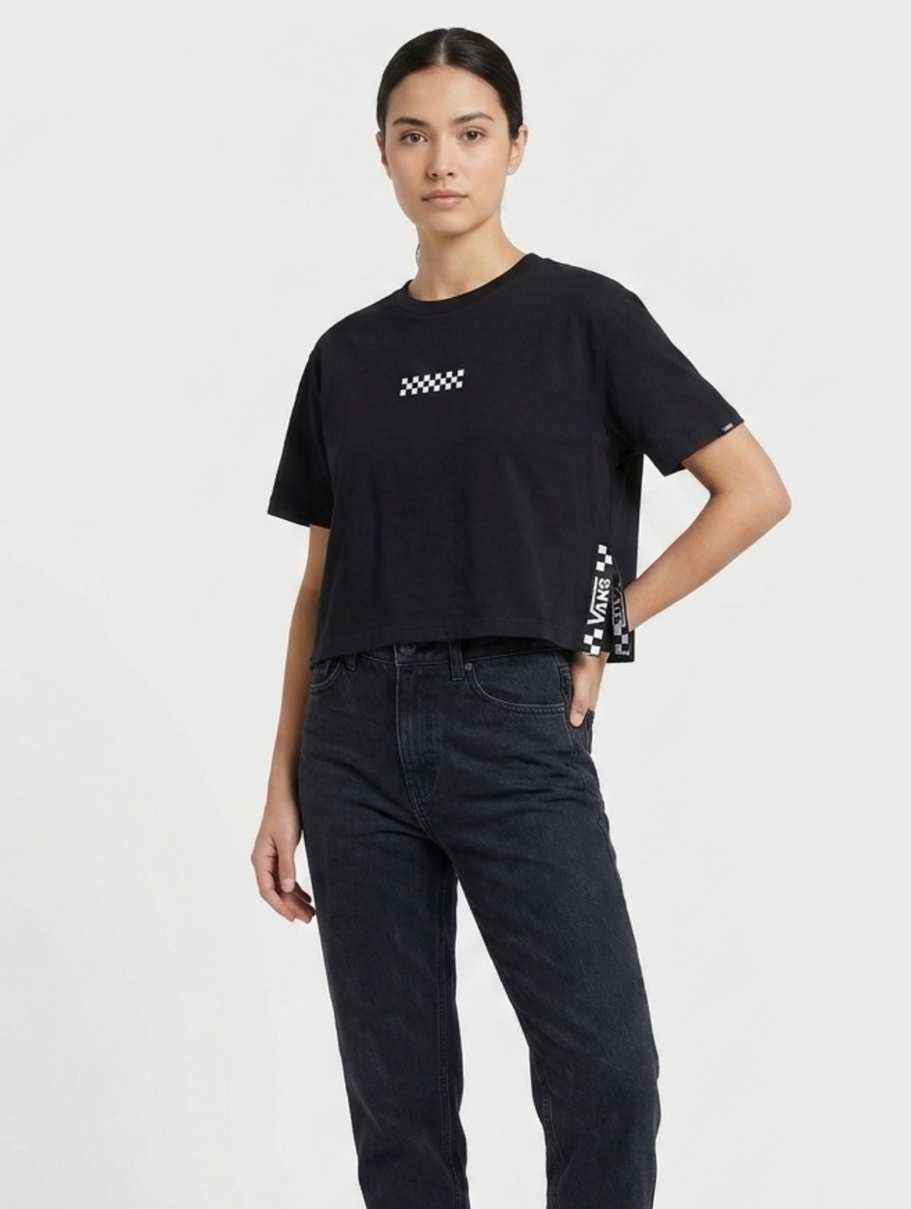 VANS Black Crop Top Checkerboard Logo Size S Streetwear Skater Y2K